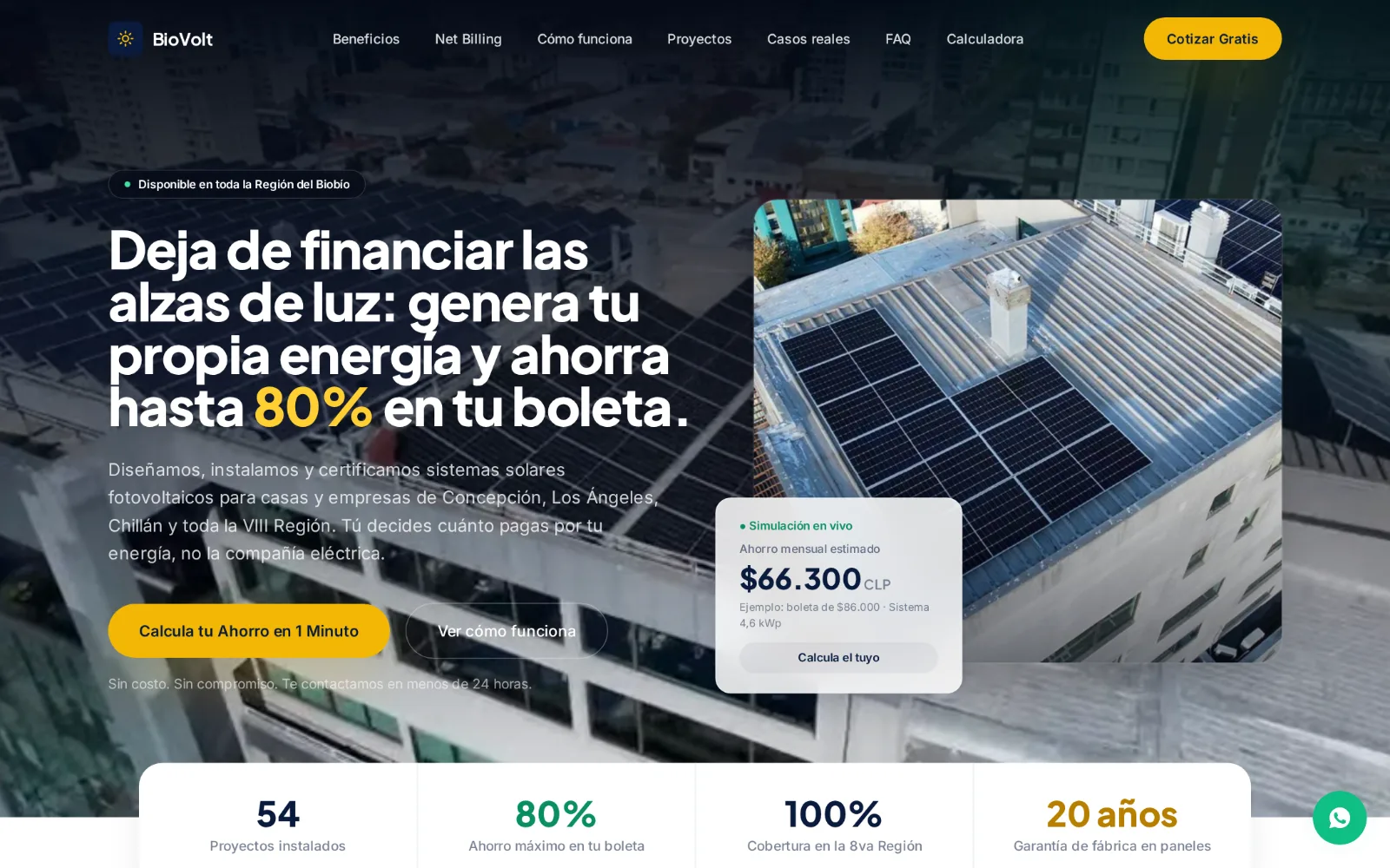 BioVolt Energía Solar: Paneles solares en el Biobío, con simulador de ahorro y cotización por WhatsApp.