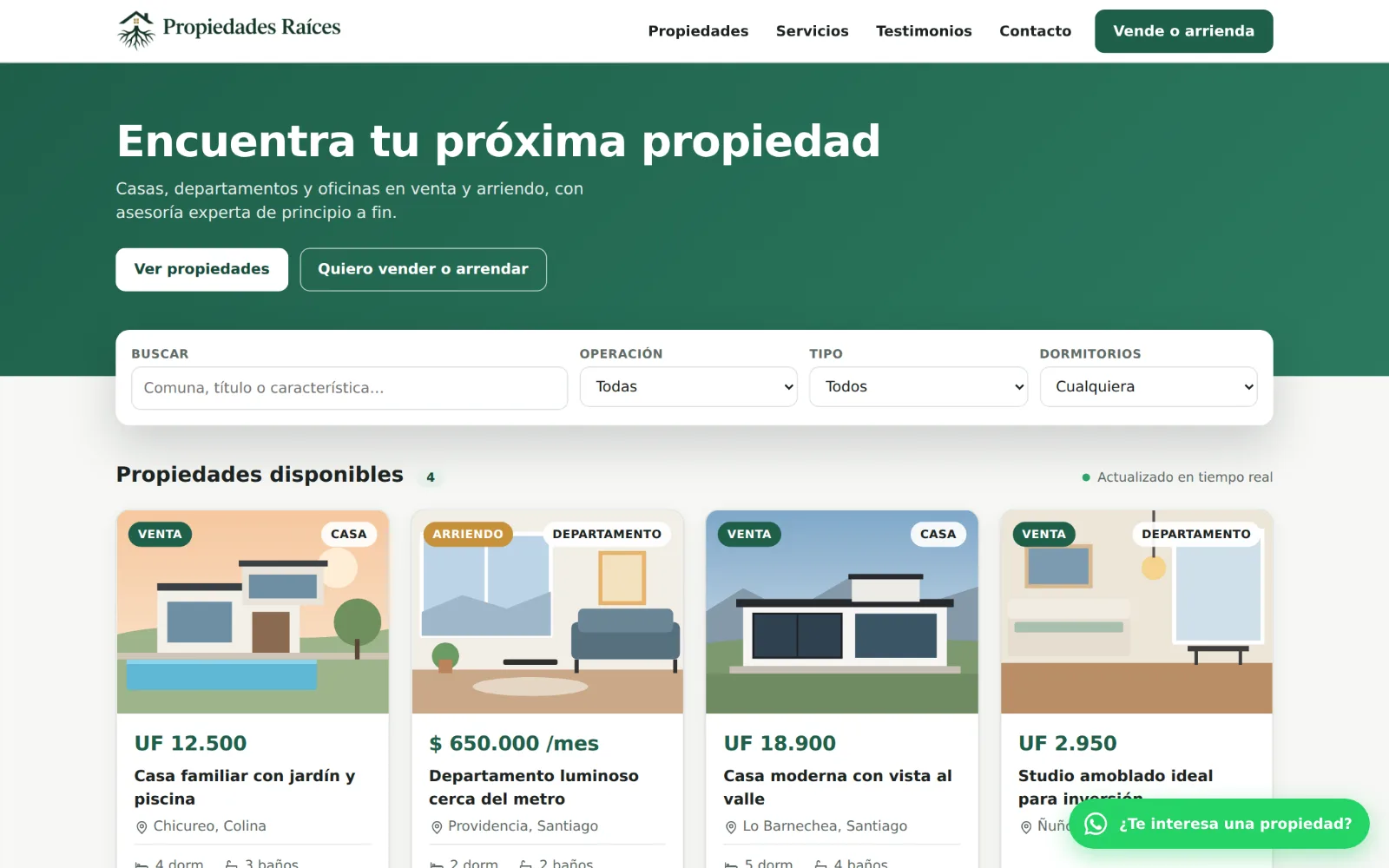 Propiedades Raíces: página de inicio del catálogo inmobiliario